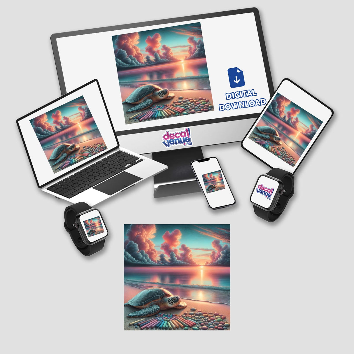 Turtle on a Sandy Shore at Sunrise Chalk Art displayed on a laptop and tablet screen, showcasing unique digital artwork available as stickers from Decal Venue.