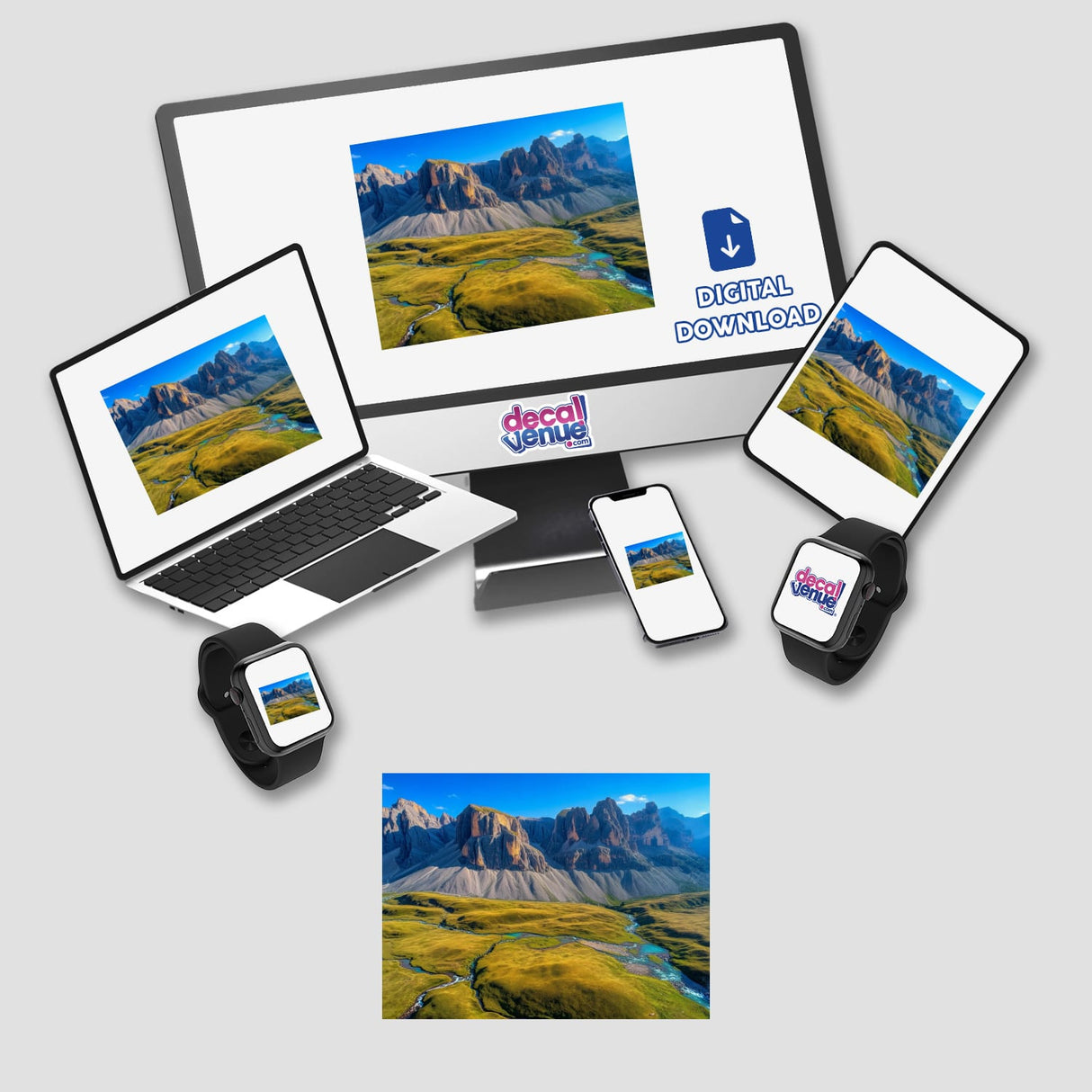 Majestic Rocky Cliffs Overlooking Verdant Valleys and Turquoise Streams depicted on a laptop, phone, and tablet, available as stickers or digital artwork from Decal Venue.