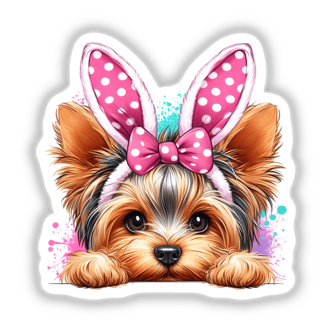 Peeking Easter Bunny Yorkie Dog sticker features a Yorkie with bunny ears and a pink bow, perfect for adding festive charm to your collection.
