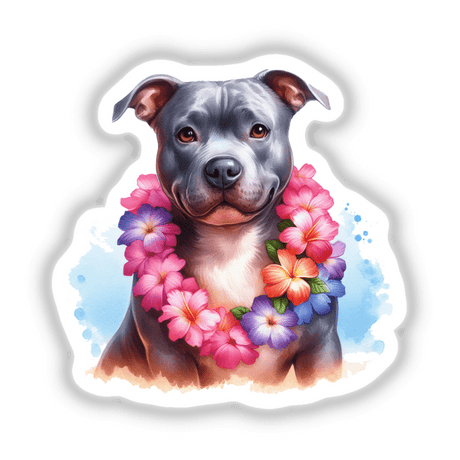 Watercolor Portrait Pitbull Dog w Lei