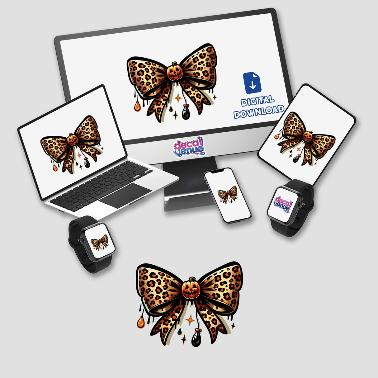 Leopard Coquette Halloween Pumpkin Bow featuring a laptop, smartwatches, and a phone adorned with bows and pumpkin decorations. Available as Stickers or Digital Artwork from Decal Venue.