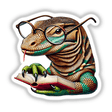 Komodo Dragon With Reading Glasses Open Book illustration, depicting a cartoon lizard with glasses holding an open book. Available as stickers or digital artwork from Decal Venue.