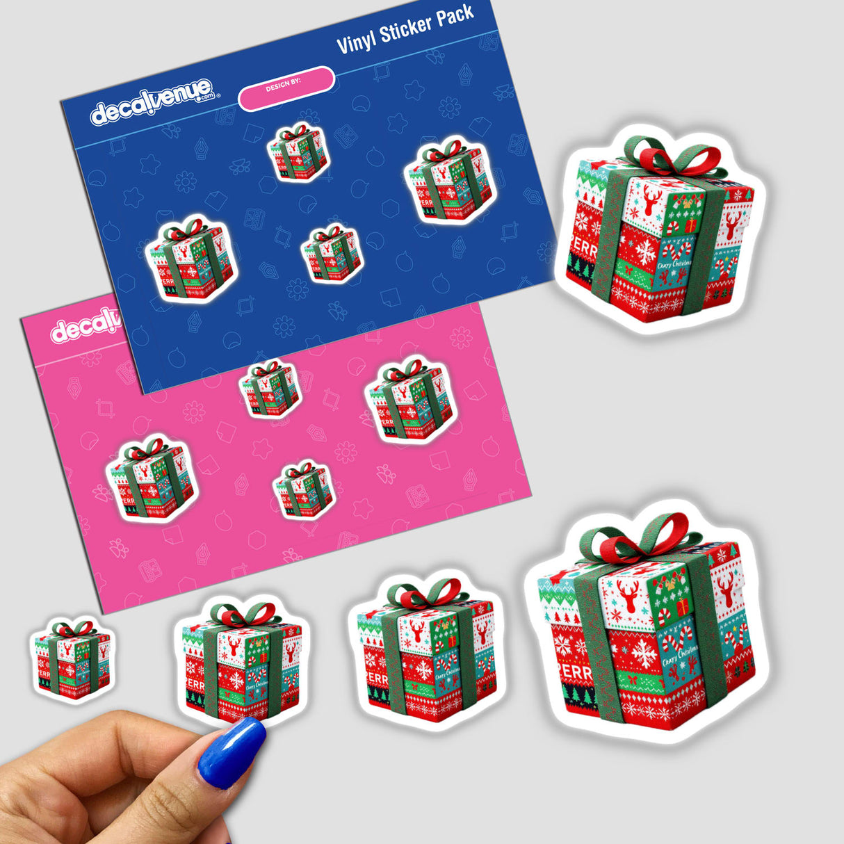 Sticker pack titled 'Present / Gift Ugly Christmas Sweater Style,' featuring various gift box designs with ribbons, ideal for holiday-themed decorations. Available as stickers or digital artwork.