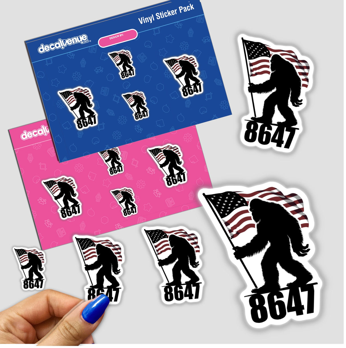 Sasquatch 8647 vinyl sticker featuring a silhouette of Bigfoot holding a flag, ideal for fans of unique graphic design. Available as a sticker or digital artwork.