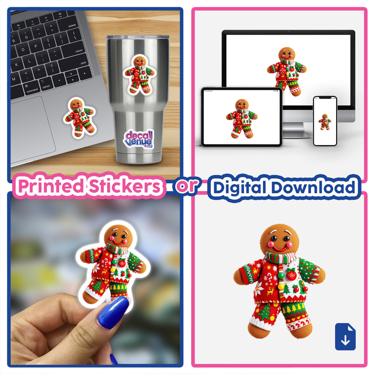 Gingerbread Man Ugly Christmas Sweater Style sticker collage showing various cartoon gingerbread men in festive sweaters and scarves on a laptop, emphasizing unique sticker art. Available as stickers or digital artwork.