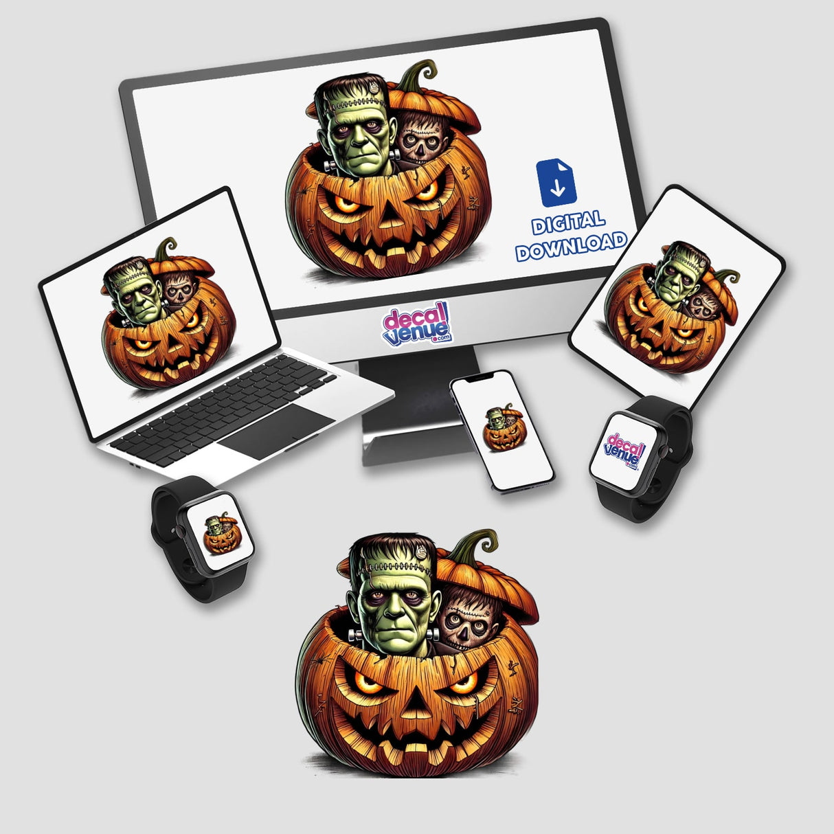 Frankenstein monster peeking out of carved Halloween pumpkin with DecalVenue logo