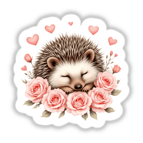 Sleeping Hedgehog with Hearts and Roses sticker features a cute hedgehog nestled among roses, capturing a serene moment perfect for adding charm to your space.