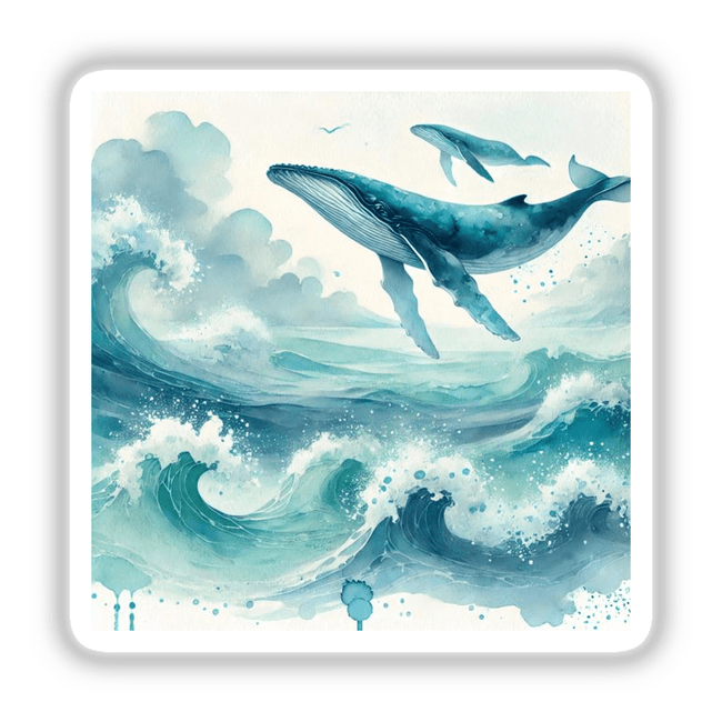Ocean Dreamscape - Waves and Whales in Watercolor: A whimsical watercolor featuring a whale swimming with fish in a vibrant ocean scene, available as stickers and digital downloads.