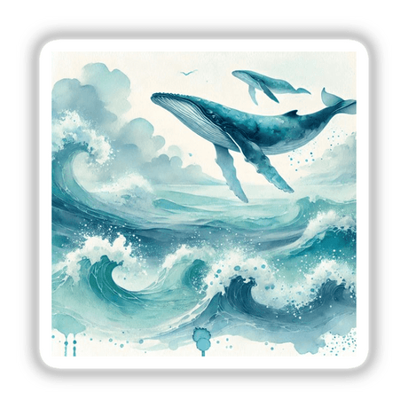 Ocean Dreamscape - Waves and Whales in Watercolor: A whimsical watercolor featuring a whale swimming with fish in a vibrant ocean scene, available as stickers and digital downloads.