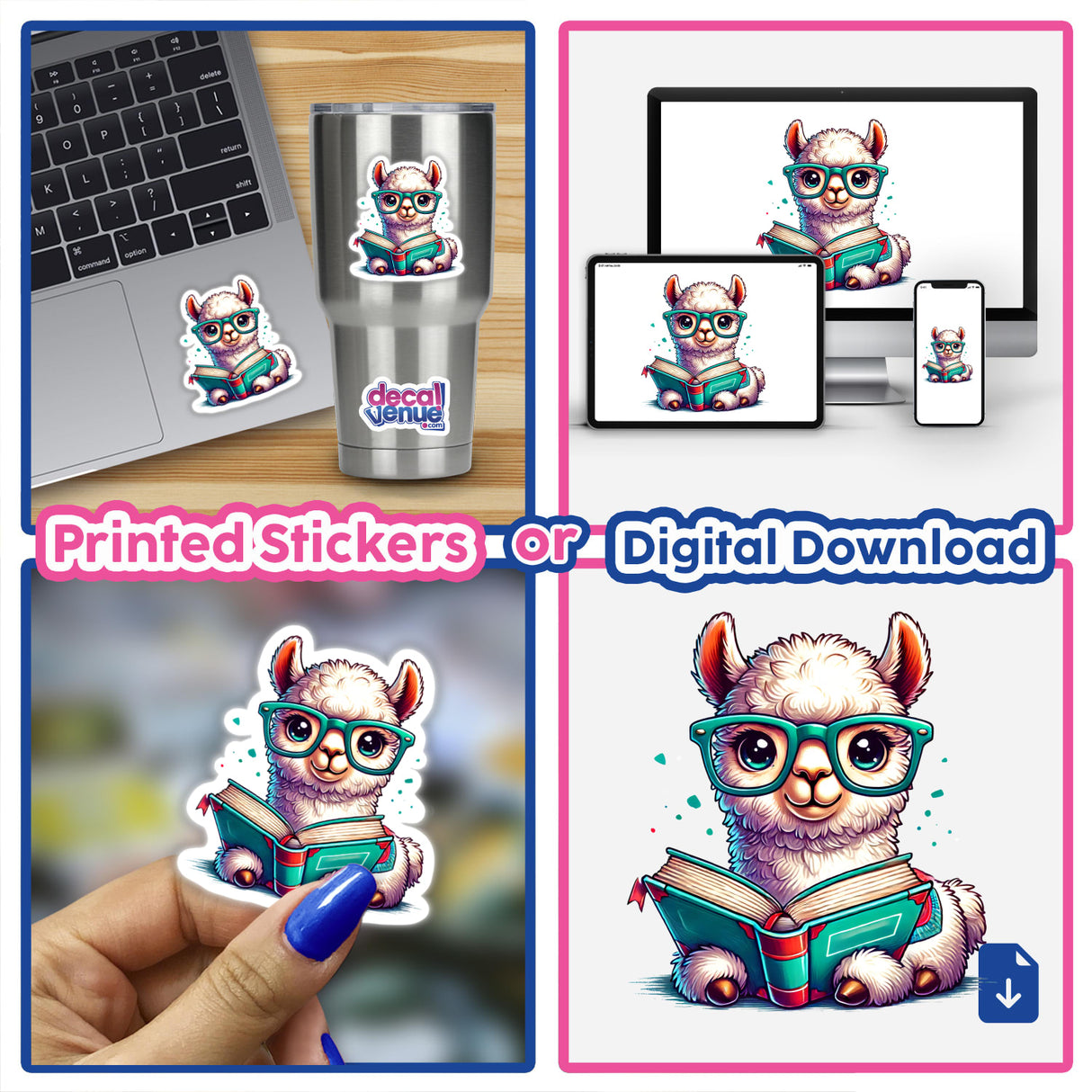 Llama With Reading Glasses Open Book stickers and digital artwork featuring a cartoon llama engrossed in reading.