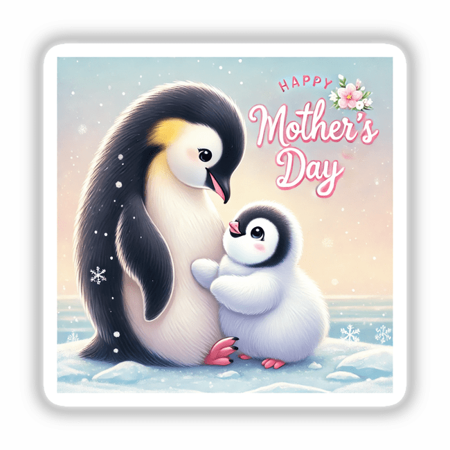 Cartoon depiction of a mother penguin with her baby, celebrating Happy Mother's Day, available as stickers or digital artwork from Decal Venue.