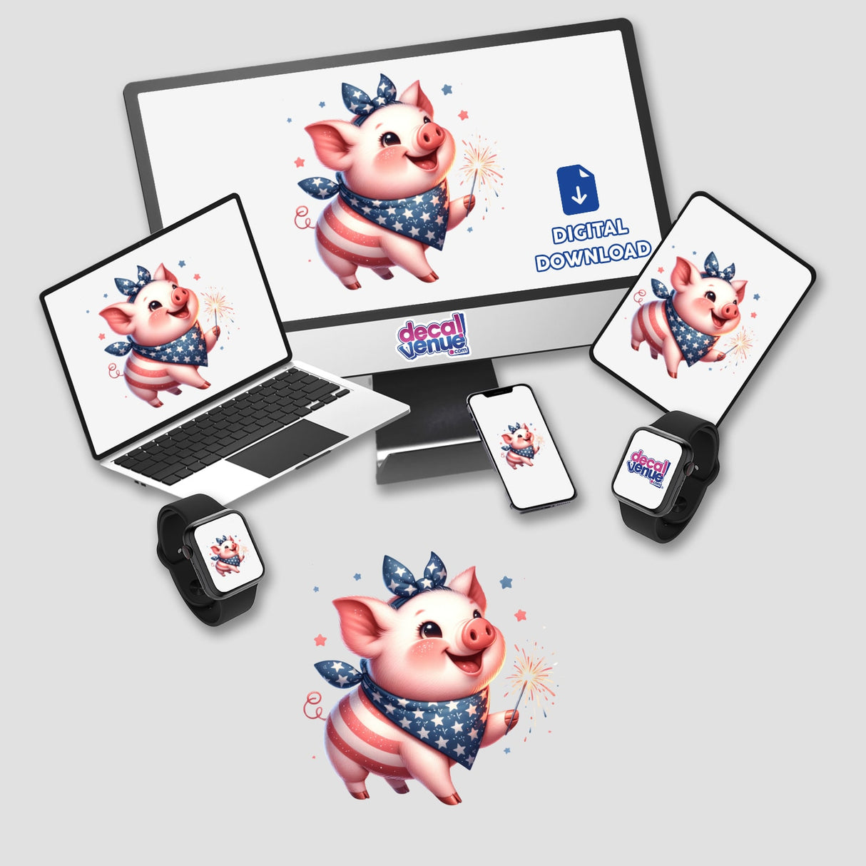 Patriotic Pig Wearing Bandana Holding Sparkler