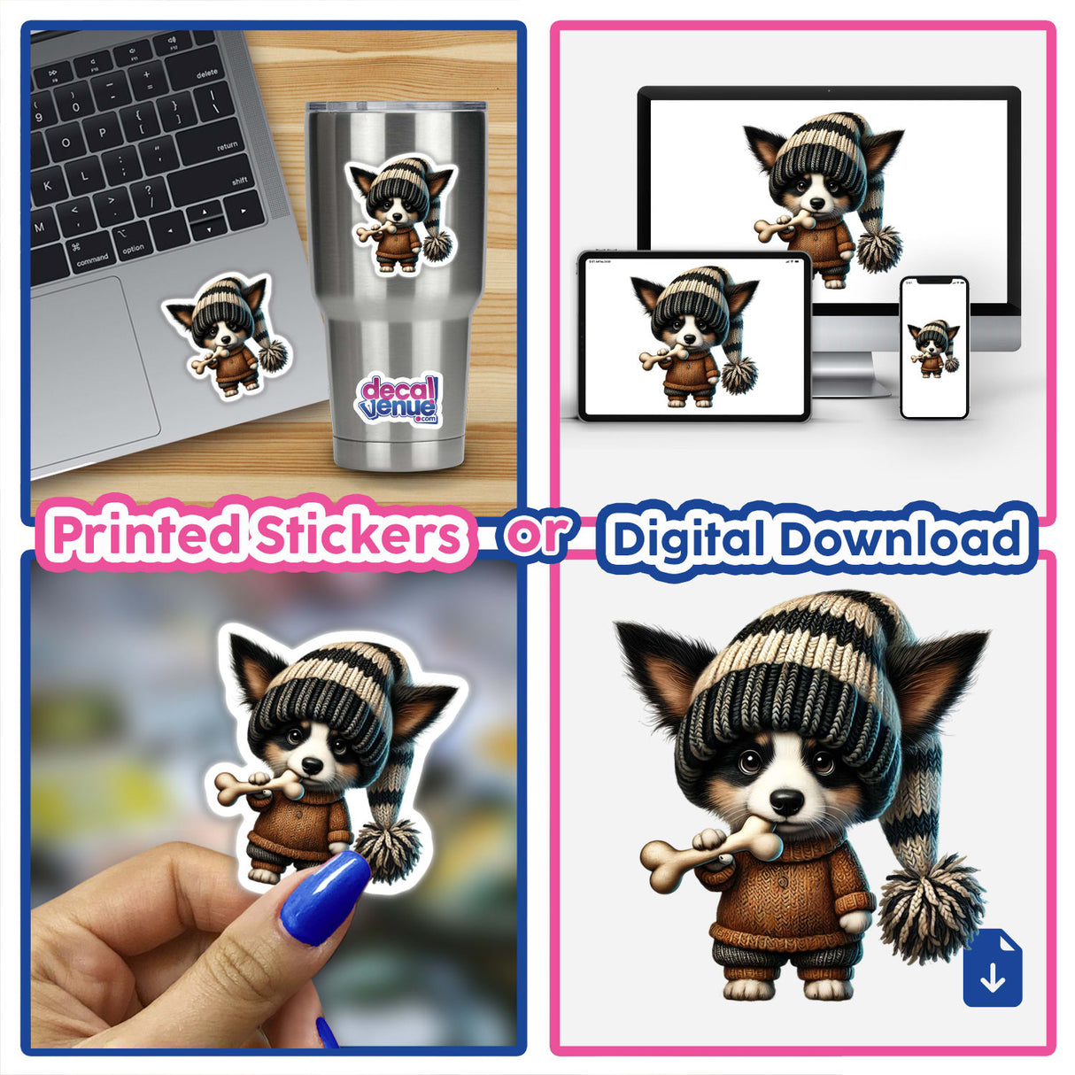 Border Collie Gnome holding a dog bone, depicted in various stickers and digital artwork.