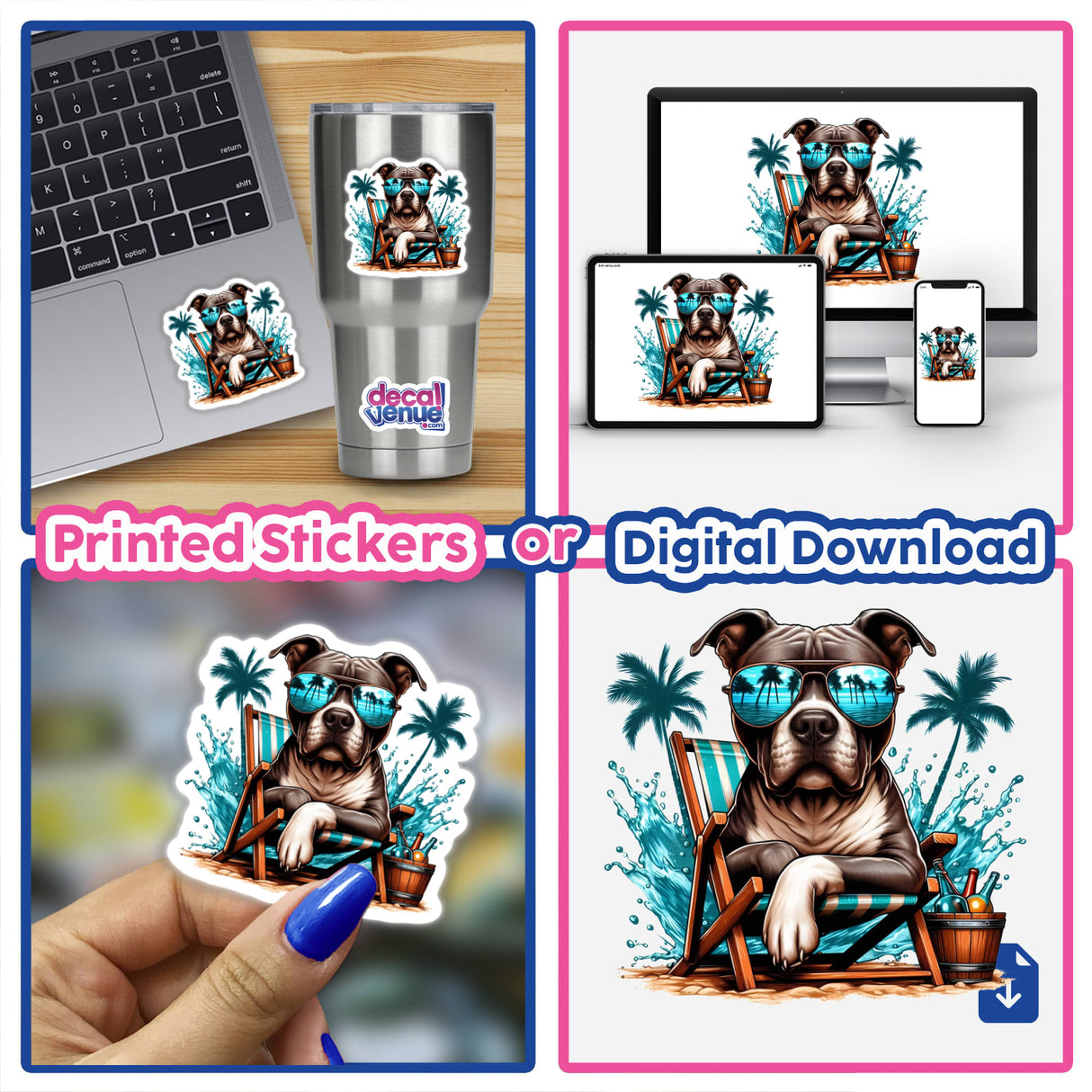 Tropical Pitbull Dog in Beach Chair: A digital artwork featuring a pitbull wearing sunglasses, sitting in a beach chair, available as stickers or digital downloads, highlighting the unique style of Decal Venue.