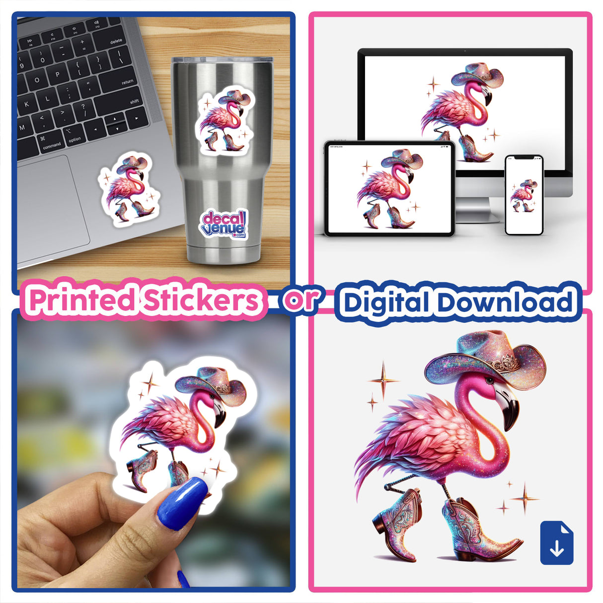 Glitter Flamingo in Cowboy Hat and Boots depicted as a sticker or digital artwork, showcasing a whimsical design perfect for fans of quirky and unique vinyl art from Decal Venue.