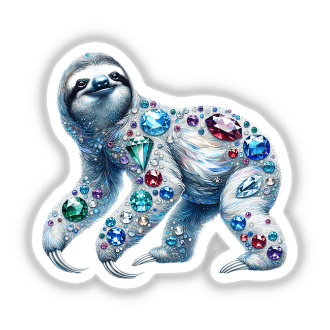 Sloth Jewels and Gemstones: An illustrated sloth adorned with various gems and diamonds, available as stickers or digital artwork from Decal Venue.