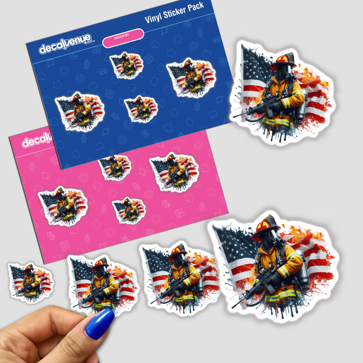 Firefighter American Flag sticker featuring a cartoon firefighter holding a gun, integrating elements like the American flag, available as vinyl stickers or digital artwork from Decal Venue.