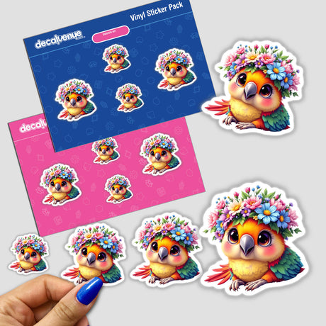 Charming Parrot Wearing a Colorful Flower Crown sticker, featuring a cartoon bird with flowers on its head, perfect for adding whimsical tropical beauty to personal items or digital collections.