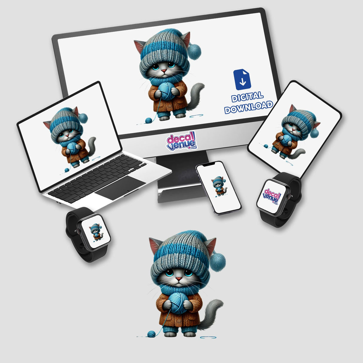 Russian Blue Cat Gnome Holding Ball of Yarn