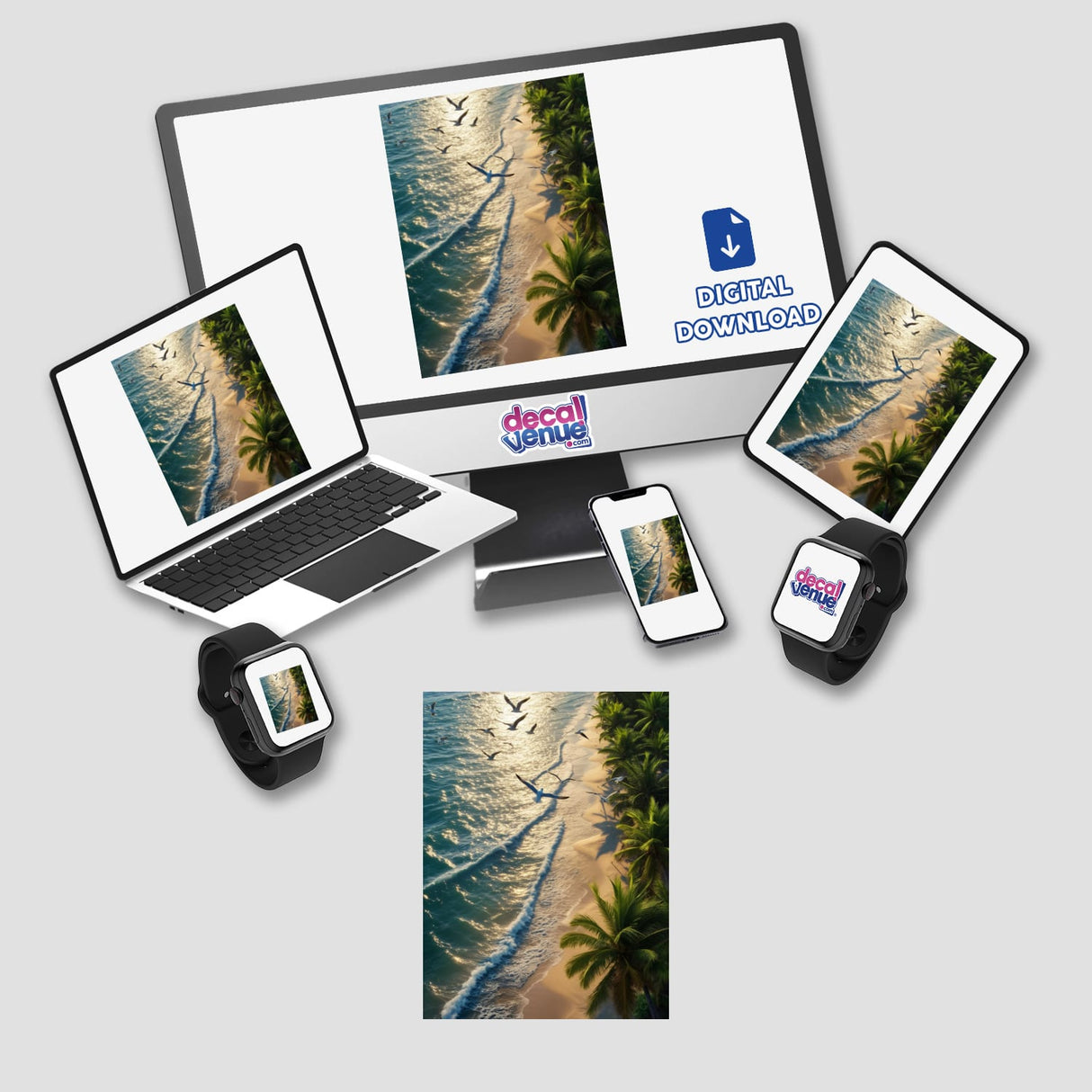 Golden Waves Seagulls Over Tropical Beach digital artwork displayed on a computer monitor, laptop, and tablet, showcasing seagulls flying above a serene beach, available as stickers or digital art.
