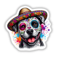 Sugar Skull Pitbull Dog illustration featuring a dog wearing a decorative hat, available as unique stickers or digital artwork, embodying Decal Venue's distinctive vinyl sticker and digital art offerings.