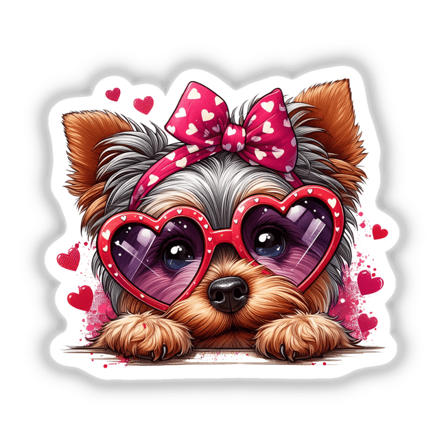 Peeking Valentine Yorkie depicted as a cartoon dog wearing heart-shaped sunglasses, available as stickers or digital artwork from Decal Venue.