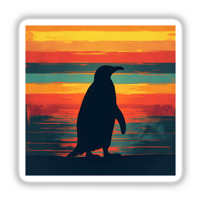 Penguin Silhouette with Bold Horizontal Stripes: A penguin stands on a rock, silhouetted against a sunset, available as stickers or digital artwork from Decal Venue.