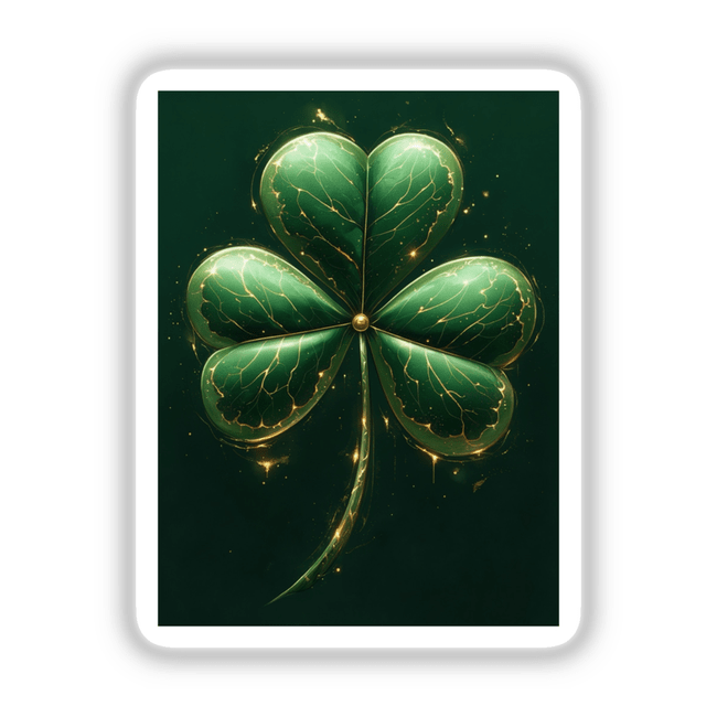 Golden Vein Shamrock – Lush Green Clover with Sparkling Gold Accents, featured on a card, available as stickers or digital artwork, highlighting intricate gold veins on vibrant green leaves.