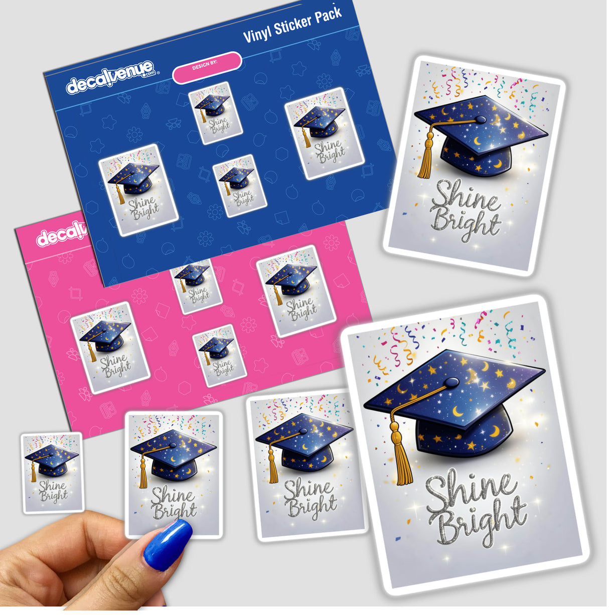 Celestial Graduation Cap with Shine Bright Text and Confetti, showcasing inspirational art available as stickers or digital artwork, perfect for celebrating achievements with a unique, motivational touch.
