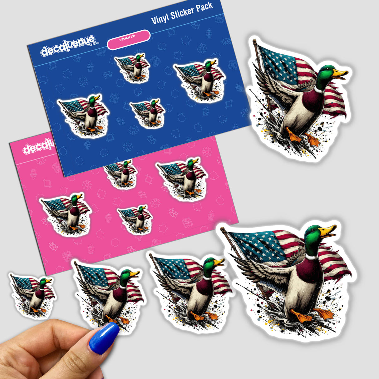 Mallard Duck American Flag Splatter sticker features a cartoon duck holding an American flag, available as a sticker or digital artwork from Decal Venue, showcasing unique vinyl designs.