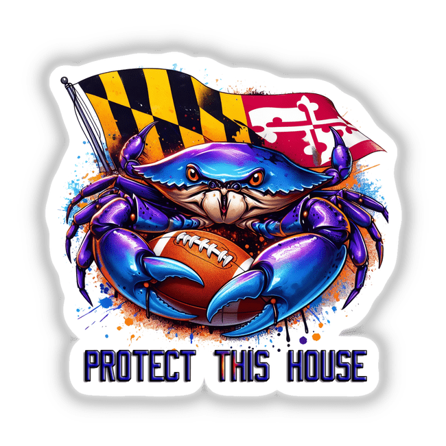 Maryland Flag Purple Football Crab Protect this House design features a vibrant blue-purple crab with an American football against a Maryland flag backdrop, available as unique stickers or digital artwork.