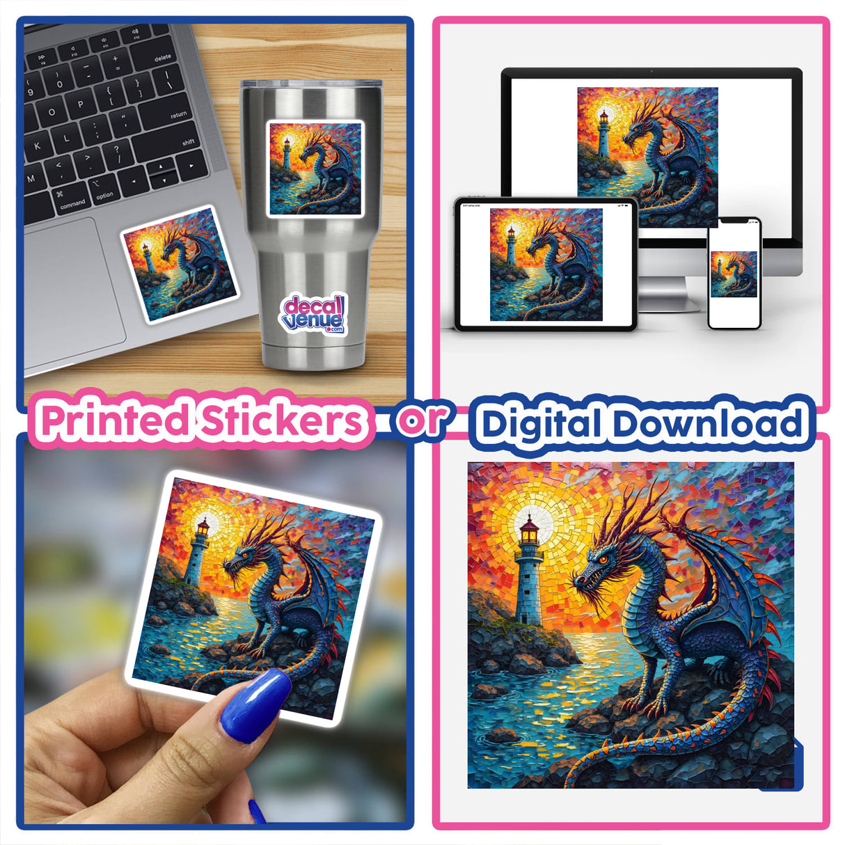 Mystical Dragon Blended with Lighthouse in Glass Mosaic Design collage featuring dragon images, laptop with sticker, and silver mug with dragon and lighthouse. Available as stickers or digital artwork.