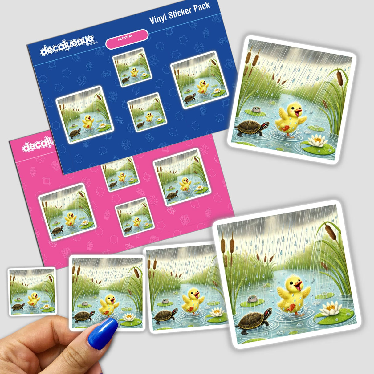 Duckling Turtle Frog In Rain With Plants And Lily stickers, featuring whimsical cartoon images of ducks and turtles, available as unique vinyl stickers or digital artwork from Decal Venue.