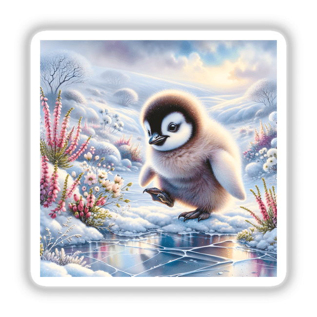 Penguin Chick in a Snowy Landscape Watercolor Illustration depicting a serene baby penguin on a snowy terrain, available as stickers or digital artwork.