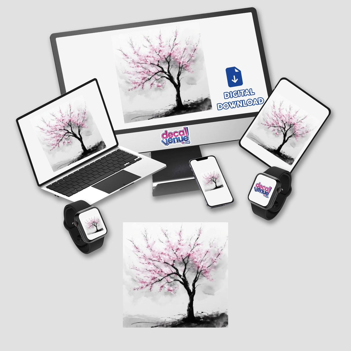 Cherry Tree Blossoming in Spring Sumi-e Japanese Watercolor, available as stickers or digital artwork, showcasing a serene, minimalist depiction of a blossoming cherry tree in a traditional Japanese watercolor style.