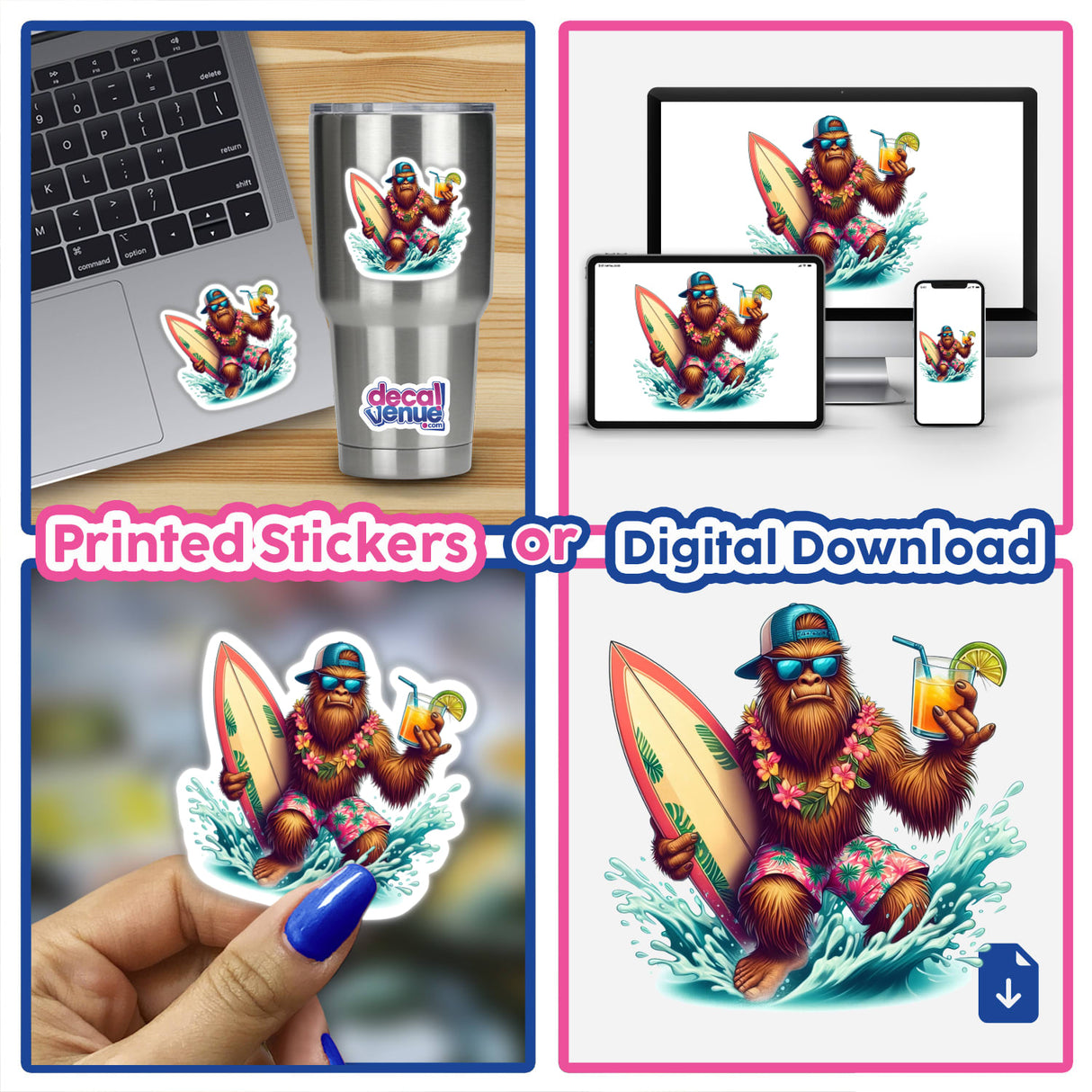 Tropical Sasquatch Surfer with Drink sticker on a laptop, featuring a cartoon gorilla holding a surfboard and drink, available as a unique decal or digital artwork.