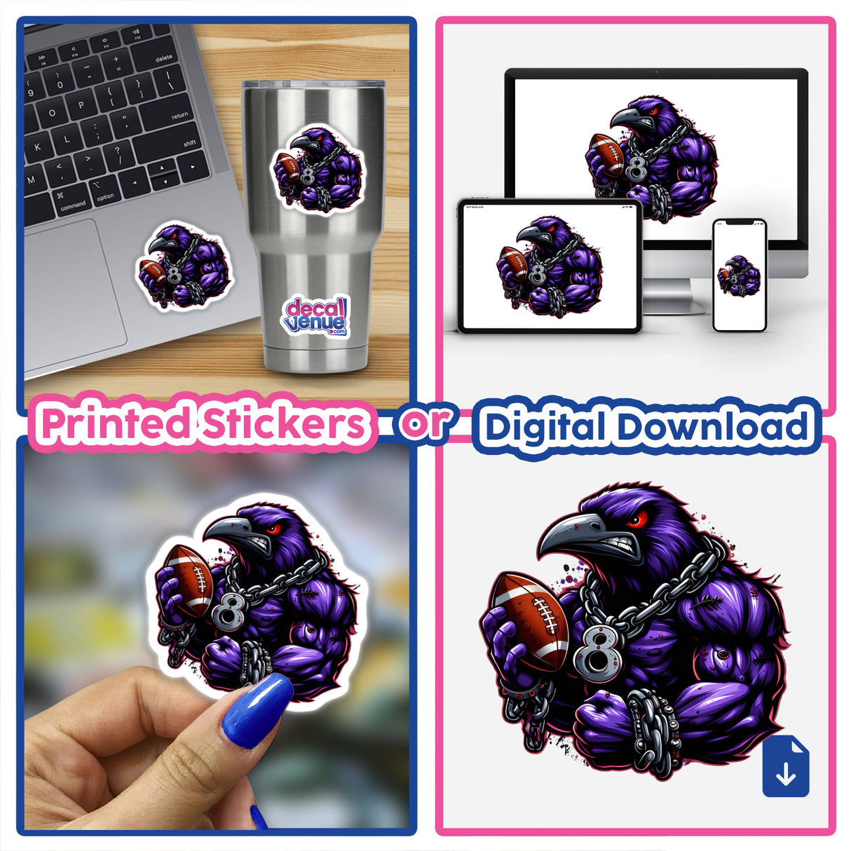 Purple Muscular Raven Football Bird 8 design showcased on vinyl stickers applied to a laptop, tumbler, hand, and as digital artwork on screens, highlighting options for stickers or digital download.