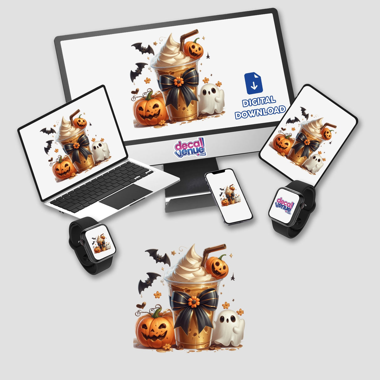 Spiced Pumpkin and Ghost Halloween Coquette Bow displayed on a laptop screen, accompanied by a drink and phone, perfect for stickers or digital art from Decal Venue.