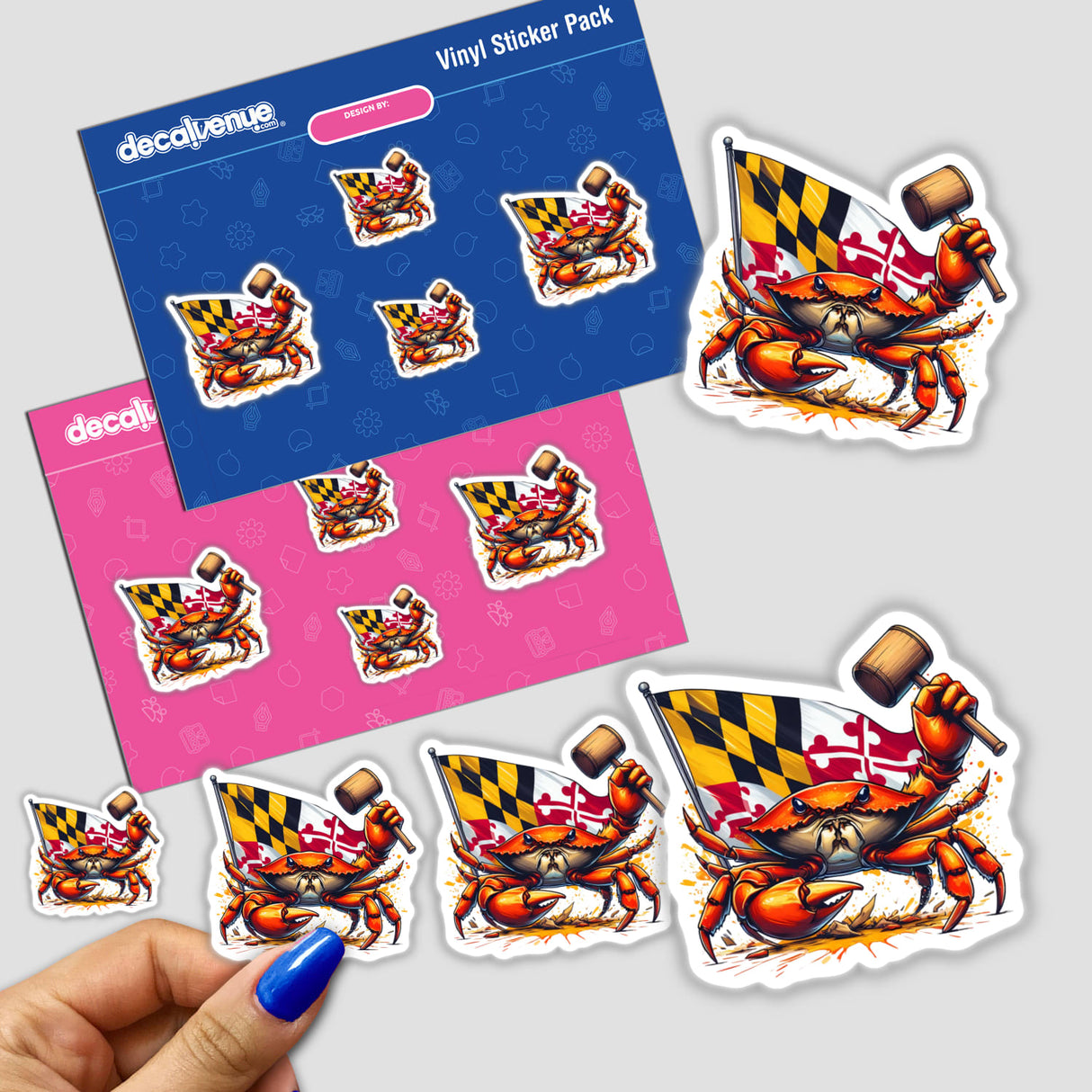 Maryland Steamed Crab Mallet Splatter sticker pack featuring cartoon crabs holding mallets and flags, available as unique vinyl stickers or digital artwork from Decal Venue.
