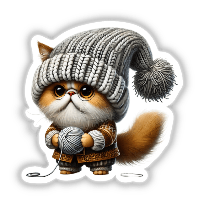 Persian Cat Gnome Holding Ball of Yarn: A cartoon cat wearing a knitted hat and sweater, holding a ball of yarn. Available as stickers or digital artwork.