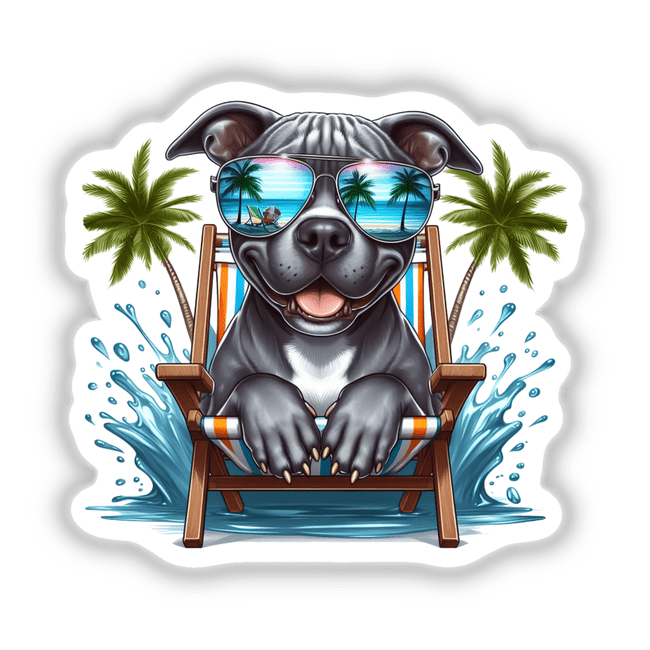 Peeking Pitbull Dog in Beach Chair: A playful depiction of a pitbull wearing sunglasses, seated in a chair, available as stickers or digital artwork from Decal Venue.