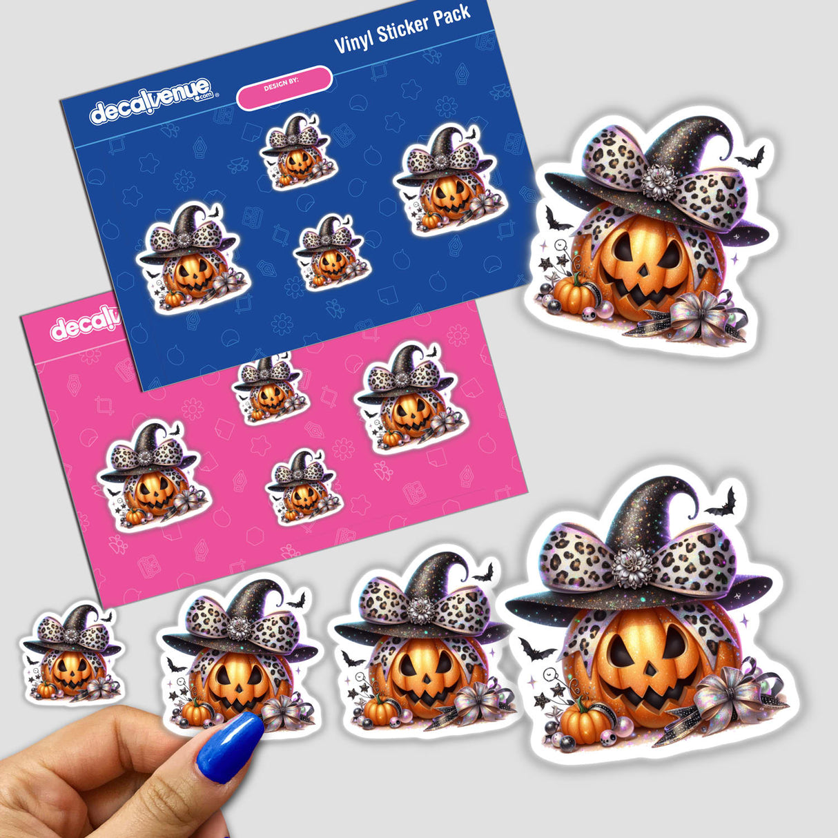 Sticker pack featuring pumpkins in witch hats, bows, and beads with floral accents, titled Orange Pumpkin Leopard Coquette Bow Witch Hat, available as stickers or digital artwork.