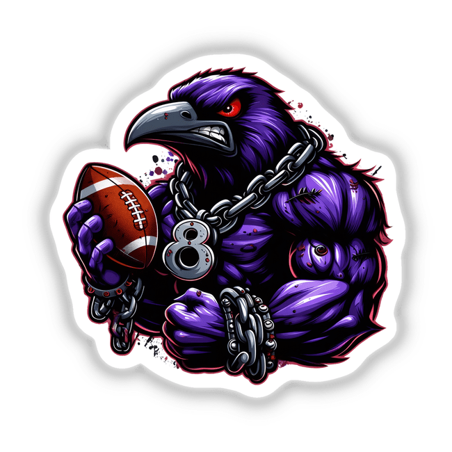 Purple Muscular Raven Football Bird 8: A dynamic illustration of a muscular raven with chains and a glowing red eye, gripping an American football. Available as a sticker or digital artwork.