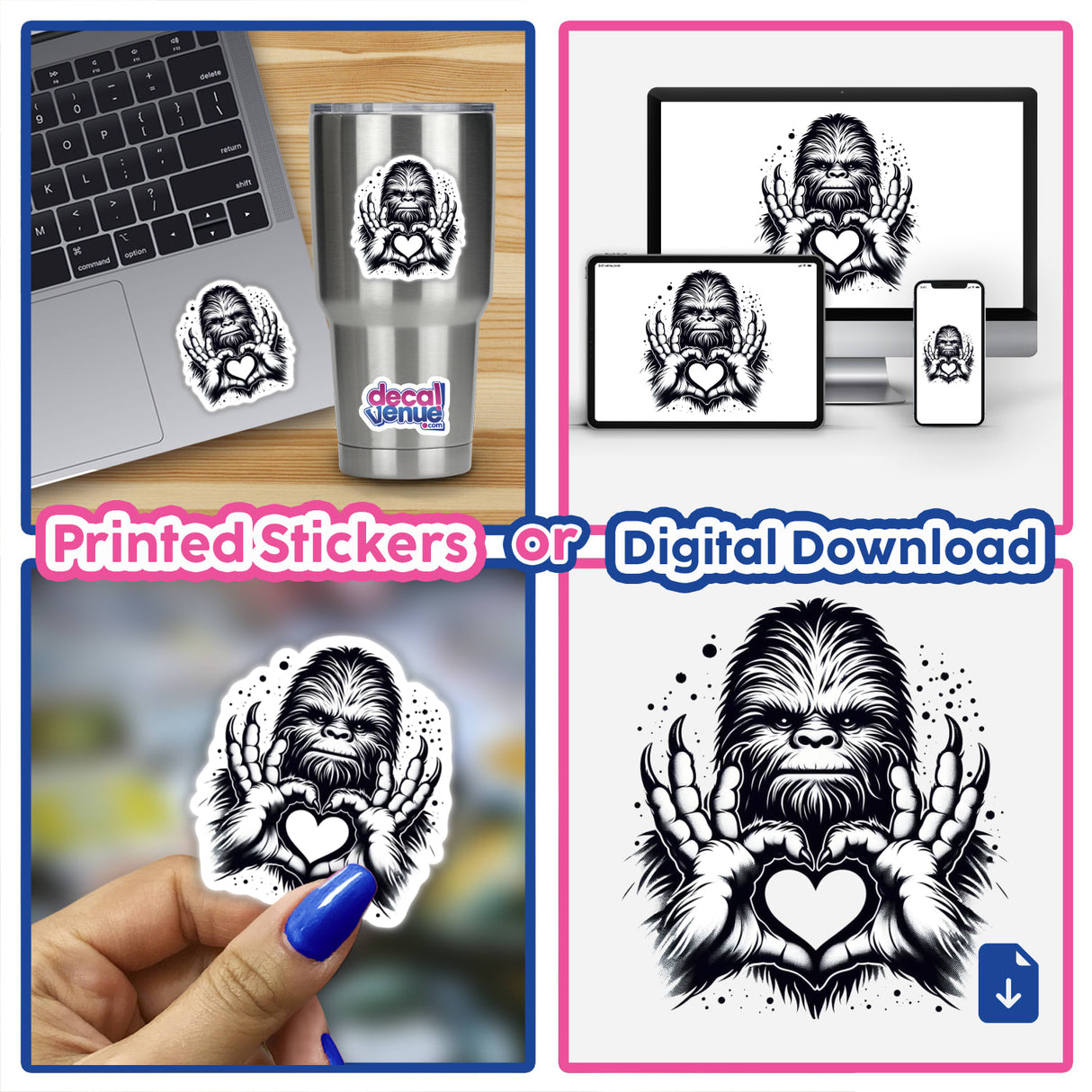 Sasquatch Heart Hands depicted in a whimsical design, available as stickers or digital artwork. Perfect for fans of mythical creatures, showcasing a charming Sasquatch forming a heart with its hands.