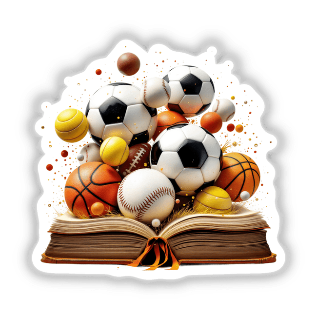 Sports Ball Collection Emerging from an Open Book, featuring various sports balls dynamically bursting from an open book, symbolizing a fusion of creativity, knowledge, and athleticism.