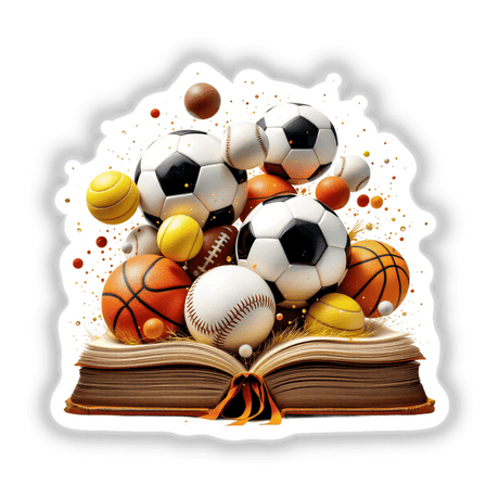 Sports Ball Collection Emerging from an Open Book, featuring various sports balls dynamically bursting from an open book, symbolizing a fusion of creativity, knowledge, and athleticism.