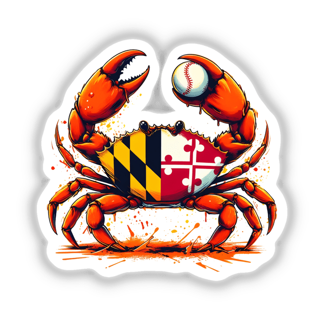 Maryland Steamed Baseball Crab illustration features a stylized orange crab with Maryland flag patterns, holding a baseball. Available as stickers or digital artwork from Decal Venue.