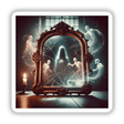 Cursed Mirror - Reflections of Ghostly Figures: Artistic depiction of a mirror with ghostly apparitions, available as stickers or digital artwork, featuring eerie spirits with open mouths and candlelit ambiance.