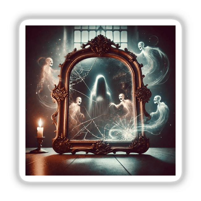 Cursed Mirror - Reflections of Ghostly Figures: Artistic depiction of a mirror with ghostly apparitions, available as stickers or digital artwork, featuring eerie spirits with open mouths and candlelit ambiance.