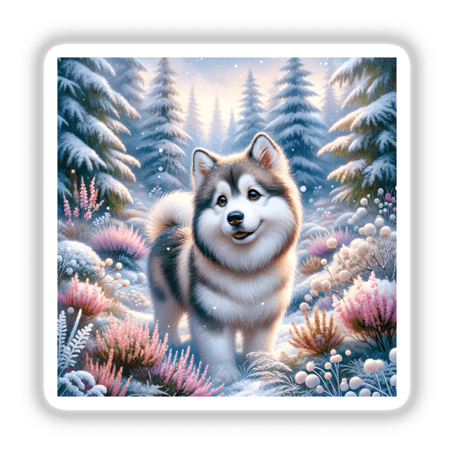 Husky in a Snow-Covered Forest Watercolor Illustration depicts a dog in a snowy forest setting, available as stickers or digital artwork, embodying Decal Venue's unique art collection.